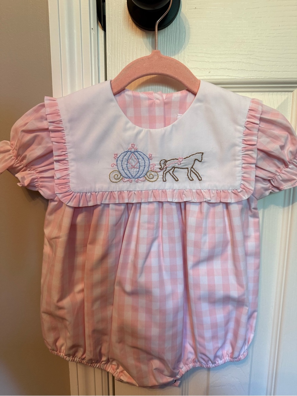 Pink Gingham Baby Bubble Romper with Cinderella Embroidery